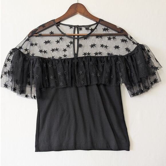 J.‎ Crew Black Starry Tulle Ruffle Sleeve Top Size S Wimsygoth Dark Fairy Witchy - Picture 1 of 11